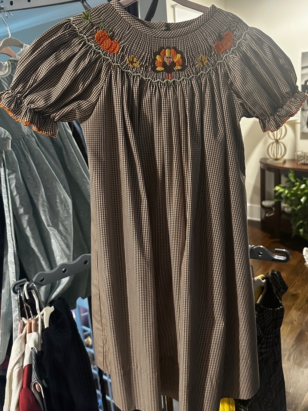 Girls Brown Gingham Smocked Dress with Autumn Embroidery